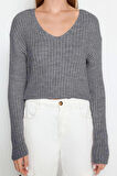 Kadın Moda Şık V Yaka Standart Kol Crop Basic Triko Kazak
