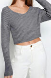 Kadın Moda Şık V Yaka Standart Kol Crop Basic Triko Kazak