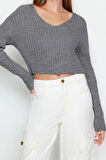 Kadın Moda Şık V Yaka Standart Kol Crop Basic Triko Kazak