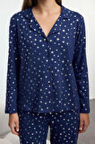 Kadın Moda Şık Gömlek Yaka Geniş Paça Uzun Kol %100 Pamuklu Varak Yıldız Desenli Örme Pijama Takımı
