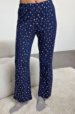Kadın Moda Şık Gömlek Yaka Geniş Paça Uzun Kol %100 Pamuklu Varak Yıldız Desenli Örme Pijama Takımı