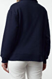 Kadın Oversize Fermuarlı Yaka Uzun Kalıp Kalın Polarlı Slogan Baskılı Fermuarlı Örme Sweatshirt