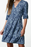 Kadın Moda Şık Mini Boy Kruvaze Regular Baskılı Skater Yaka Esnek Örme Elbise