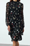 Kadın Moda Şık Midi Boy Bisiklet Yaka Regular Çiçekli Skater Fırfır Dokuma Kışlık Elbise