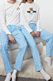 Kadın Moda Bisiklet Yaka Boru Paça Uzun Kol Kadın %100 Pamuklu Çizgili Ayıcıklı Örme Pijama Takımı