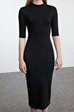 Kadın Moda Şık Midi Boy Dik Yaka Slim Taş Detaylı Truvakar Kol Bodycone Vücuda Oturan Örme Elbise