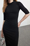 Kadın Moda Şık Midi Boy Dik Yaka Slim Taş Detaylı Truvakar Kol Bodycone Vücuda Oturan Örme Elbise