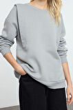 Kadın Relaxed Bisiklet Yaka Düşük Kol Kalın İçi Polarlı Rahat Kesim Kol Detaylı Örme Sweatshirt