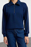 Kadın Moda Şık Regular Fermuarlı Yaka Düşük Kol Regular Fermuarlı Normal Kalıp Esnek Örme Sweatshirt