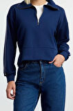 Kadın Moda Şık Regular Fermuarlı Yaka Düşük Kol Regular Fermuarlı Normal Kalıp Esnek Örme Sweatshirt