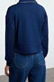 Kadın Moda Şık Regular Fermuarlı Yaka Düşük Kol Regular Fermuarlı Normal Kalıp Esnek Örme Sweatshirt