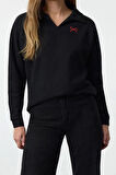 Kadın Moda Bol Polo Yaka Düşük Kol Uzun Kalp Nakışlı Geniş Kalıp Selanik Polo Yaka Örme Sweatshirt