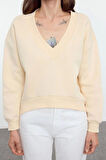 Kadın Regular V Yaka Düşük Kol Regular Basic Normal Kalıp V yaka Kalın İçi Polarlı Örme Sweatshirt