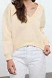 Kadın Regular V Yaka Düşük Kol Regular Basic Normal Kalıp V yaka Kalın İçi Polarlı Örme Sweatshirt