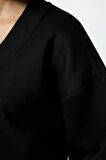 Kadın Regular V Yaka Düşük Kol Regular Basic Normal Kalıp V yaka Kalın İçi Polarlı Örme Sweatshirt