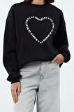 Kadın Bol Bisiklet Yaka Düşük Kol Uzun Geniş Kalıp Sırt Baskılı Kalın İçi Polarlı Örme Sweatshirt