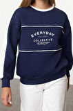 Kadın Bol Bisiklet Yaka Düşük Kol Uzun Slogan Baskılı Geniş Kalıp Kalın İçi Polarlı Örme Sweatshirt