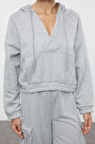 Kadın Moda Bol Kapüşonlu Düşük Kol Uzun Overize Geniş Kalıp Kalın İçi Polarlı V Yaka Örme Sweatshirt