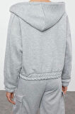 Kadın Moda Bol Kapüşonlu Düşük Kol Uzun Overize Geniş Kalıp Kalın İçi Polarlı V Yaka Örme Sweatshirt