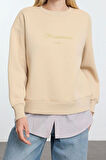 Kadın Relaxed Bisiklet Yaka Düşük Kol Uzun Slogan Baskılı ve Poplin Rahat Kalıp Örme Sweatshirt