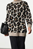 Kadın Tesettür Moda Şık Standart Bisiklet Yaka Uzun Kol Dokulu Leopar Desenli Triko Kazak