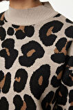 Kadın Tesettür Moda Şık Standart Bisiklet Yaka Uzun Kol Dokulu Leopar Desenli Triko Kazak