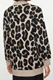 Kadın Tesettür Moda Şık Standart Bisiklet Yaka Uzun Kol Dokulu Leopar Desenli Triko Kazak