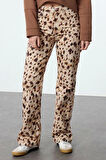 Kadın Moda Şık Kot Pantolon Geniş Paça Uzun Boy Denim Leopar Desenli Yüksek Bel Jeans