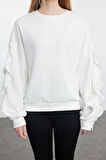 Kadın Moda Relaxed Bisiklet Yaka Düşük Kol Uzun Kolları Fırfır Detaylı Rahat Kalıp Örme Sweatshirt