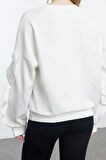 Kadın Moda Relaxed Bisiklet Yaka Düşük Kol Uzun Kolları Fırfır Detaylı Rahat Kalıp Örme Sweatshirt