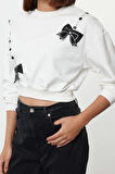 Kadın Moda Regular Bisiklet Yaka Standart Kol Standart Fiyonk ve Taş Baskılı Crop Örme Sweatshirt