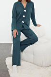 Kadın Moda Şık Gömlek Yaka Boru Paça Uzun Kol Kurdele Fiyonklu Waffle Kumaş Örme Pijama Takımı