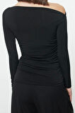 Kadın Regular Asimetrik Yaka Slim Kalıp Örme Büzgü Drape Fitted Vücuda Oturan Kollu Esnek Bluz