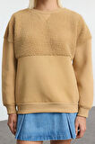 Kadın Bol Bisiklet Yaka Düşük Kol Uzun Peluş Dikiş Detaylı Overize Geniş Kalıp Kalın Örme Sweatshirt
