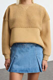 Kadın Bol Bisiklet Yaka Düşük Kol Uzun Peluş Dikiş Detaylı Overize Geniş Kalıp Kalın Örme Sweatshirt