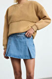 Kadın Bol Bisiklet Yaka Düşük Kol Uzun Peluş Dikiş Detaylı Overize Geniş Kalıp Kalın Örme Sweatshirt