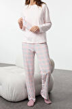 Kadın Moda Şık Bisiklet Yaka Boru Paça Uzun Kol Pamuklu Ekoseli Uyku Bantlı Örme Pijama Takımı
