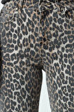 Kadın Moda Şık Kot Pantolon Boru Paça Uzun Boy Denim Leopar Desenli Kahverengi Yüksek Bel Jeans