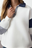 Kadın Moda Şık Bol Polo Yaka Düşük Kol Uzun Dokuma Garnili Geniş Kalıp Örme Sweatshirt