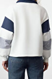 Kadın Moda Şık Bol Polo Yaka Düşük Kol Uzun Dokuma Garnili Geniş Kalıp Örme Sweatshirt