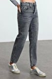 Kadın Moda Şık Kot Pantolon Geniş Paça Uzun Boy Denim Antrasit Yüksek Bel Straight Jeans