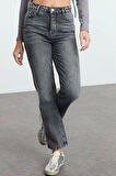Kadın Moda Şık Kot Pantolon Geniş Paça Uzun Boy Denim Antrasit Yüksek Bel Straight Jeans