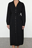 Kadın Moda Şık Maxi Boy Gömlek Yaka Regular Kuşaklı Düğme Detaylı Dokuma Elbise