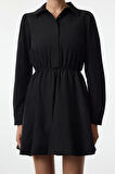 Kadın Moda Şık Mini Boy Gömlek Yaka Regular Balon Etek Dokuma Elbise