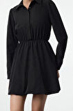 Kadın Moda Şık Mini Boy Gömlek Yaka Regular Balon Etek Dokuma Elbise