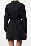 Kadın Moda Şık Mini Boy Gömlek Yaka Regular Balon Etek Dokuma Elbise