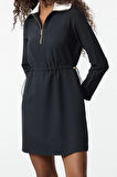 Kadın Moda Şık Mini Boy Dik Yaka Regular A Kesim Beli Ayarlanabilir Dokuma Elbise