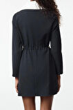 Kadın Moda Şık Mini Boy Dik Yaka Regular A Kesim Beli Ayarlanabilir Dokuma Elbise