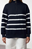 Kadın Fermuarlı Yaka Standart Kol Fermuar Detaylı Çizgili Normal Kalıp Örme Sweatshirt
