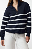 Kadın Fermuarlı Yaka Standart Kol Fermuar Detaylı Çizgili Normal Kalıp Örme Sweatshirt